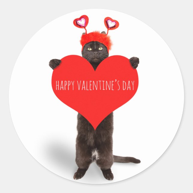 Happy Valentine's Day Niedlich Cat Holding Heart S Runder Aufkleber (Vorderseite)