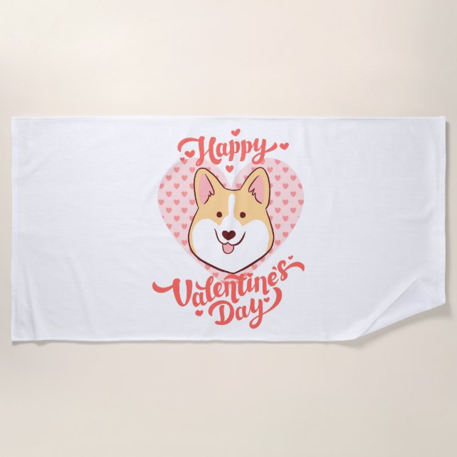 Happy Valentines Day Niedlich Corgi Hund Strandtuch (Vorderseite)