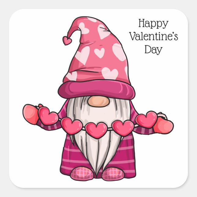 Happy Valentine's Day Niedlich Gnome Quadratischer Aufkleber (Vorderseite)