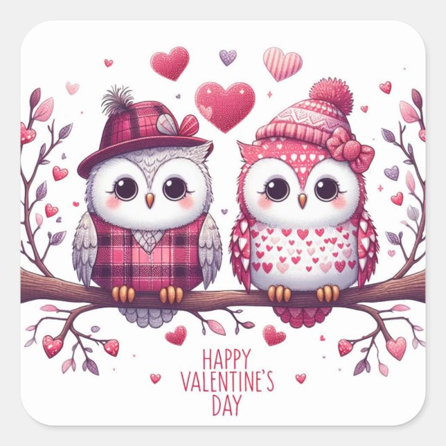 Happy Valentines Day Niedlich Owls Umschlag Aufkle Quadratischer Aufkleber (Vorderseite)