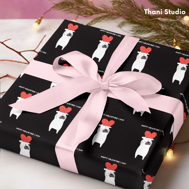 Happy Valentine's Day Niedlicher Mops & Red Heart  Geschenkpapier (Von Creator hochgeladen)