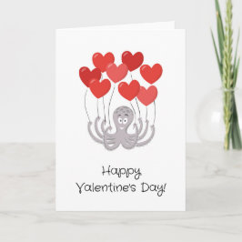 Happy Valentine's Day Octopus Red Heart Balloons Karte