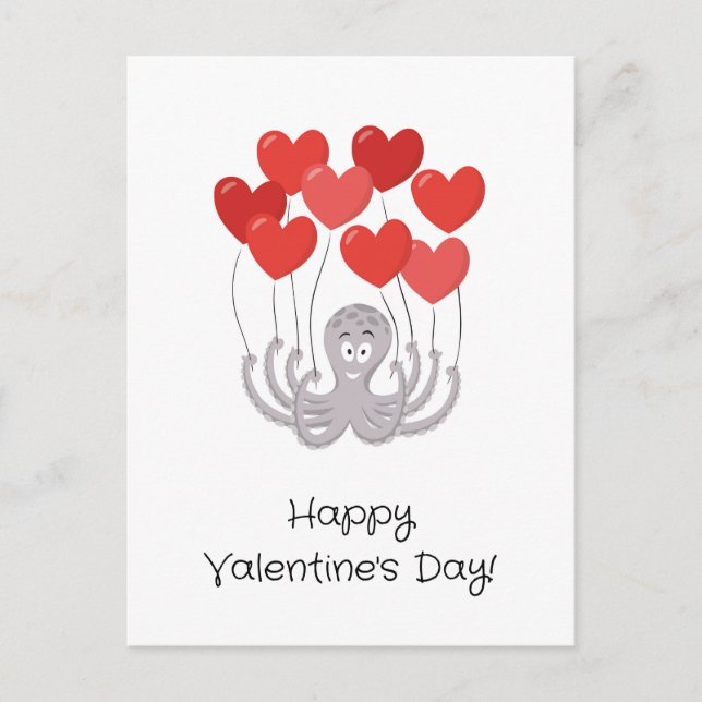 Happy Valentine's Day Octopus Red Heart Balloons Postkarte (Vorderseite)