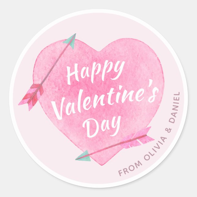 Happy Valentine's Day Pastel Pink Wasserfarbe Herz Runder Aufkleber (Vorderseite)
