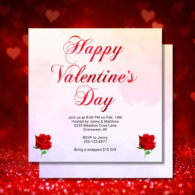Happy Valentine's Day Pastel Rote Rosen Party Einladung (Happy Valentine's Day Pastel Red Roses Party SQ Invitation)
