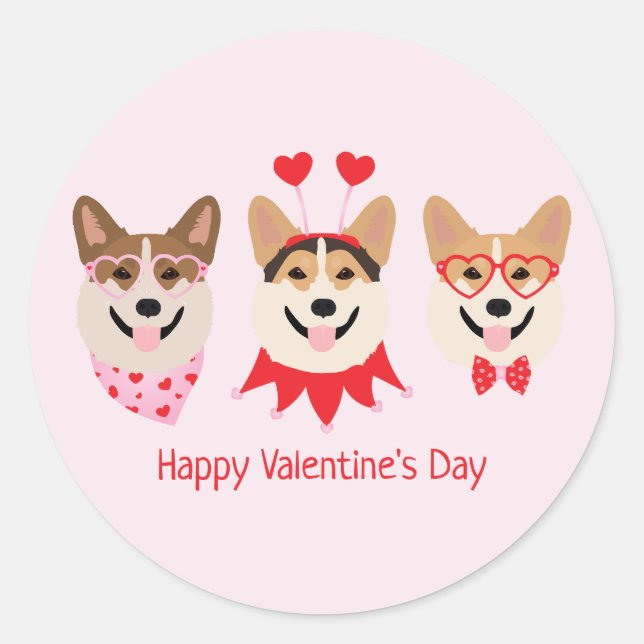 Happy Valentines Day Pembroke Welsh Corgi Hunde Runder Aufkleber (Vorderseite)