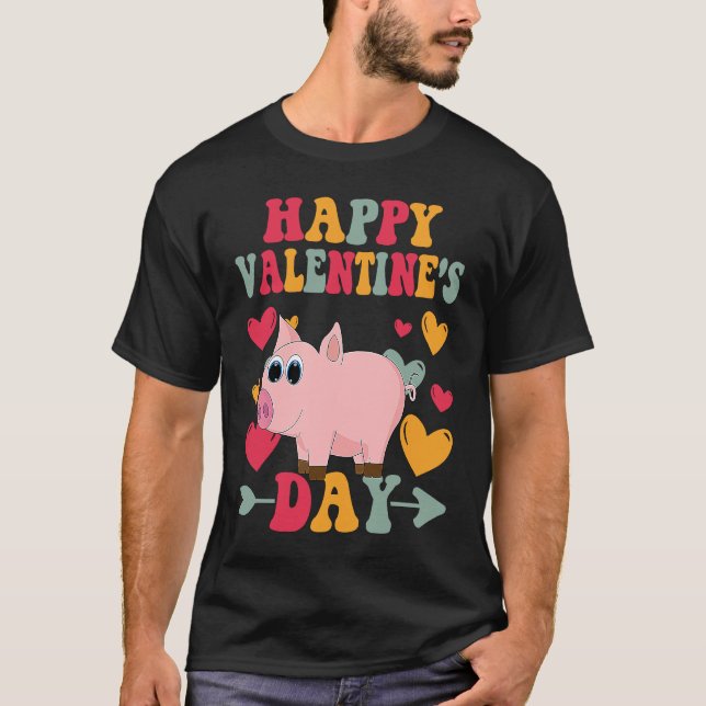 Happy Valentines Day Pig Heart Love Groovy T-Shirt (Vorderseite)
