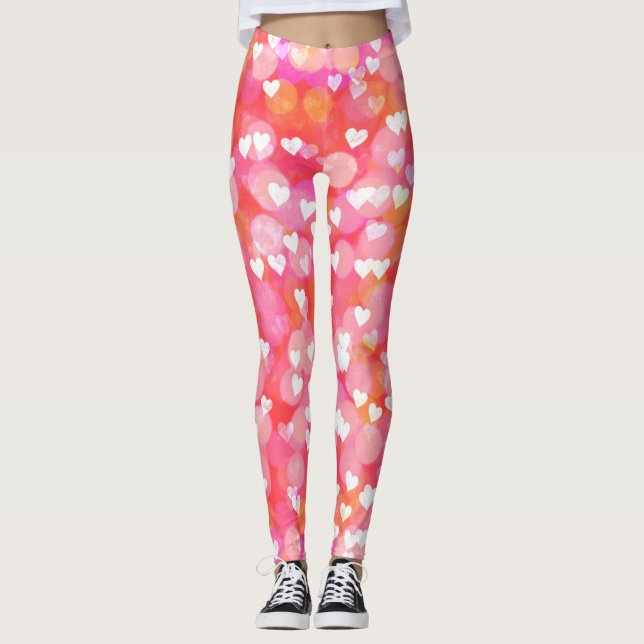 Happy Valentines Day Pink Colorful Hearts & Bokeh Leggings (Vorderseite)