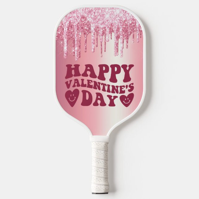 HAPPY VALENTINE'S DAY PINK GLITZER TROPFEN CUSTOM PICKLEBALL SCHLÄGER (Vorderseite)
