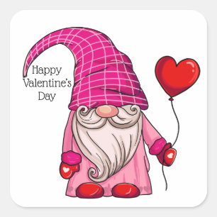 Happy Valentine's Day Pink Gnome Herzen Balloon Sq Quadratischer Aufkleber