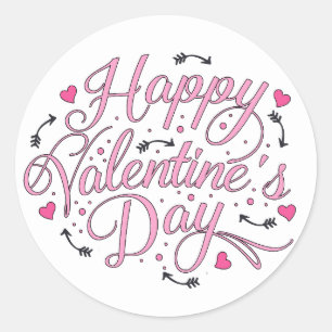 Happy Valentine's Day Pink Hearts Arrow Runder Aufkleber
