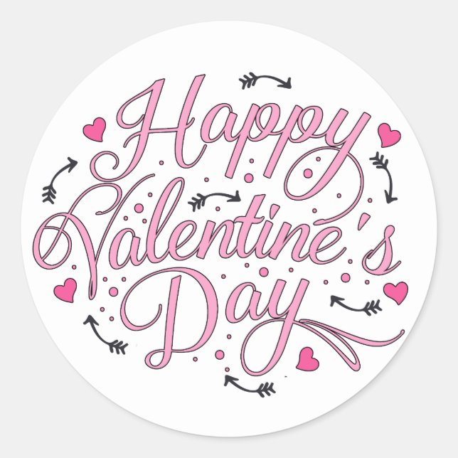 Happy Valentine's Day Pink Hearts Arrow Runder Aufkleber (Vorderseite)