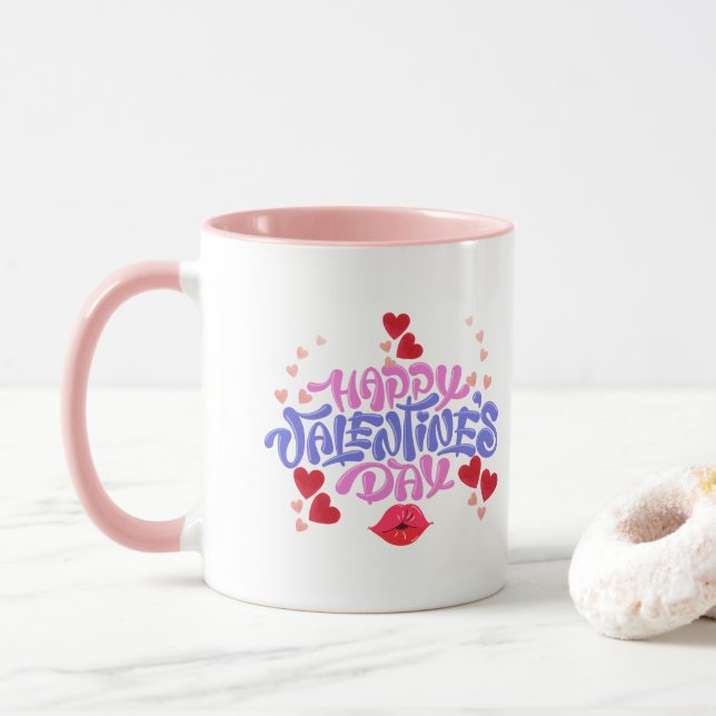 Happy Valentine's Day Pink lila Hearts Tasse (Mit Donut)