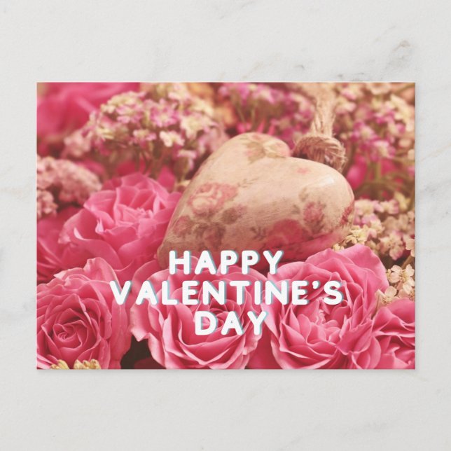 Happy Valentine's Day Pink Roses Postkarte (Vorderseite)