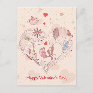 Happy Valentine's Day Pink Whimsical Blume Vögel Feiertagspostkarte