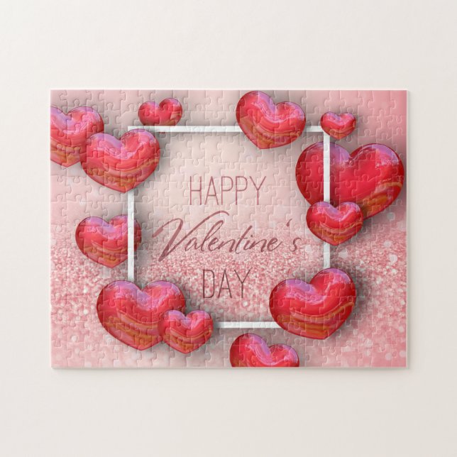 Happy Valentine's Day Red 3D Hearts Glitzer Puzzle (Horizontal)