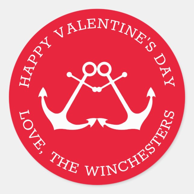 Happy Valentine's Day Red Custom nautical anchors Runder Aufkleber (Vorderseite)