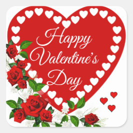 Happy Valentine's Day Red Heart & Rose Quadratischer Aufkleber