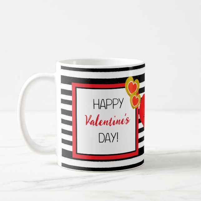Happy Valentine's Day Red Heart Schwarz-weiß Strip Kaffeetasse (Links)