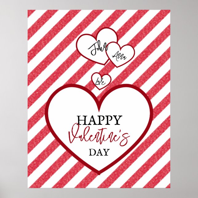 Happy Valentine's Day Red Hearts Chalk Stripes Poster (Vorne)
