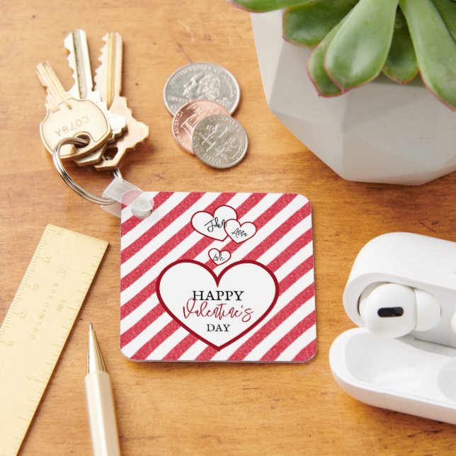 Happy Valentine's Day Red Hearts Chalk Stripes Schlüsselanhänger (Schreibtisch)