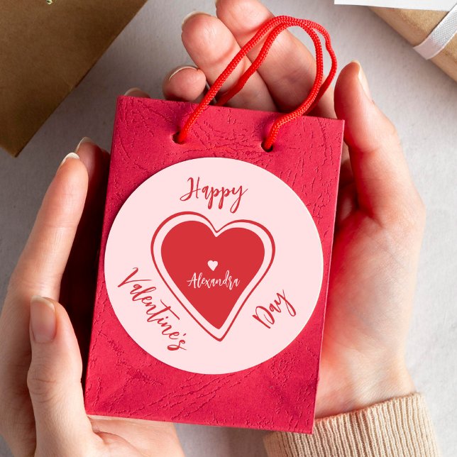 Happy Valentines Day red pink heart script name Runder Aufkleber (Von Creator hochgeladen)