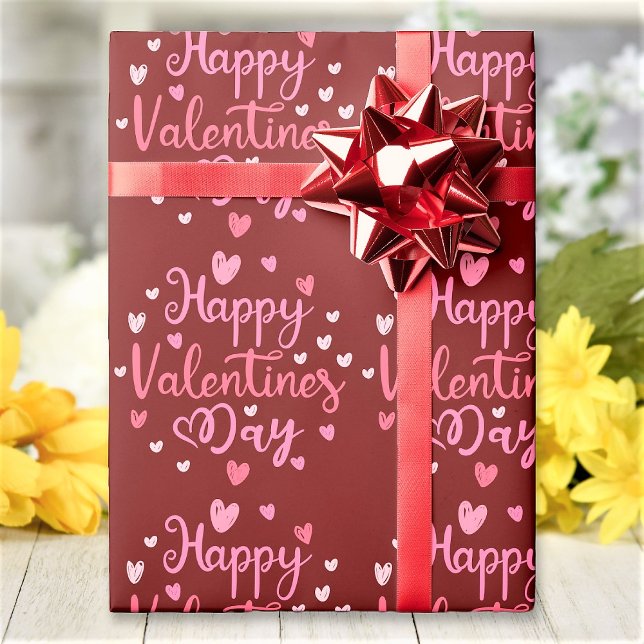 Happy Valentine's Day Red Pink Script Herzen Geschenkpapier (Von Creator hochgeladen)
