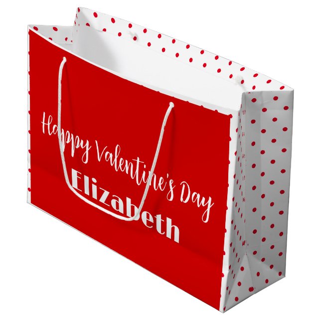 Happy Valentine's Day Red White Name Text Template Große Geschenktüte (Vorderseite Schrägansicht)