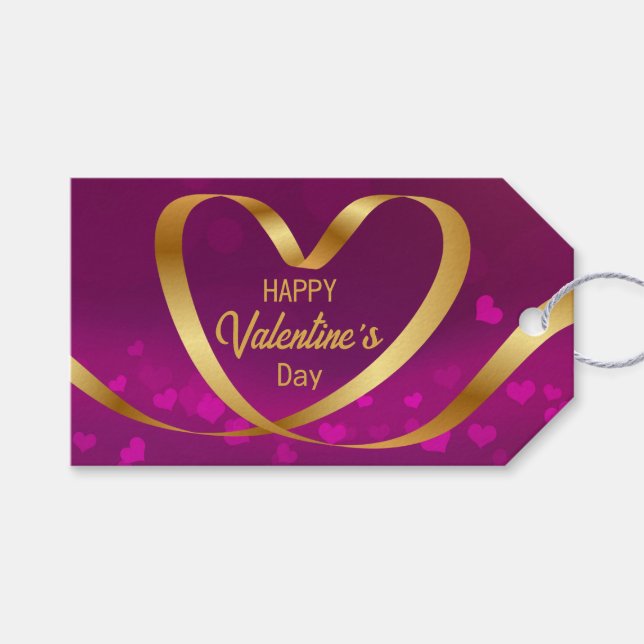 Happy Valentine's Day Ribbon Herz Gold Lila Geschenkanhänger (Vorderseite (Horizontal))