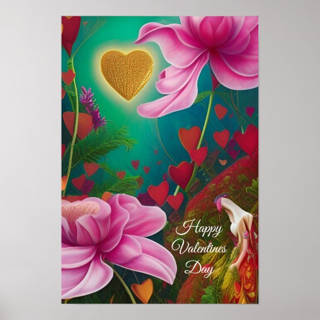 Happy Valentines Day - Rosa Blume und Herzen Poster (Vorne)