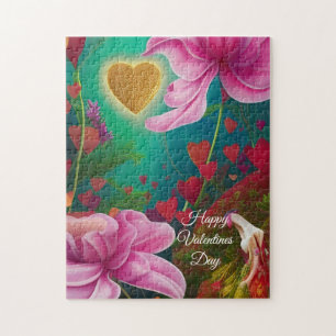 Happy Valentines Day - Rosa Blume und Herzen Puzzle
