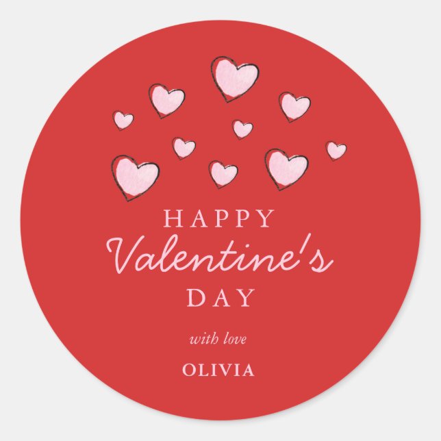 Happy Valentine's Day Rosa Herzen auf Rot Runder Aufkleber (Vorderseite)