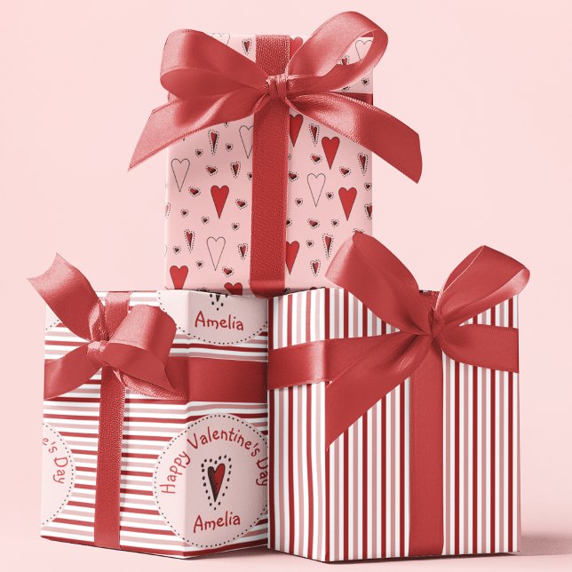 Happy Valentines Day Rosa und Rote Streifen & Herz Geschenkpapier Set (Cute Happy Valentine's Day Wrapping Paper for Kids. Red, Pink and White Stripes and Red Hearts. )