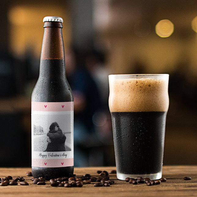 Happy Valentine's Day | Rosa und rotes Herz | Gesc Bierflaschenetikett (Von Creator hochgeladen)