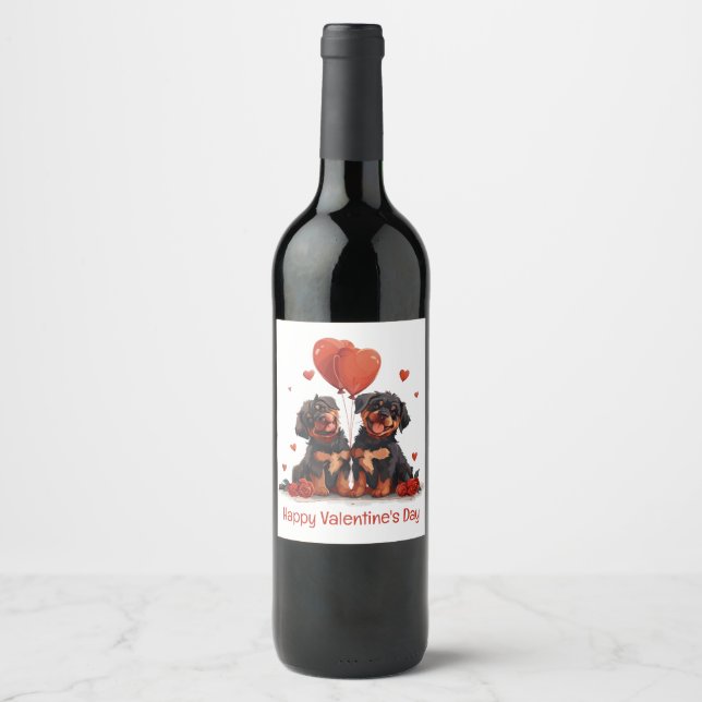 Happy Valentines Day Rottweiler Hunde Weinetikett (Vorderseite)