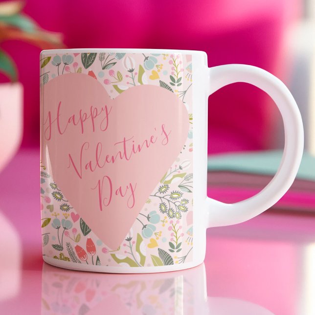 Happy Valentines Day script cute pink heart Kaffeetasse (Von Creator hochgeladen)
