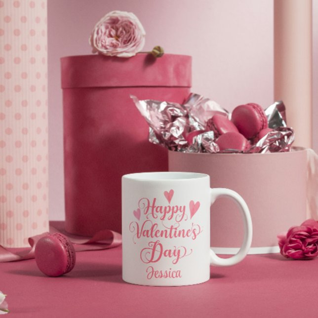 Happy Valentine's Day Script Niedlich Pink Hearts Kaffeetasse (Von Creator hochgeladen)