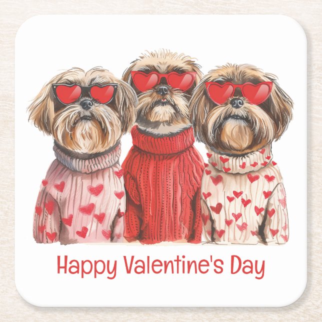 Happy Valentines Day Shih Tzu Dogs Rechteckiger Pappuntersetzer (Vorderseite)