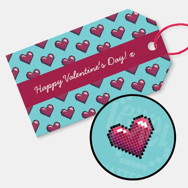 Happy Valentine's Day Simple Heart Pixel Muster Geschenkanhänger (Gift tag with detail (watermarked))