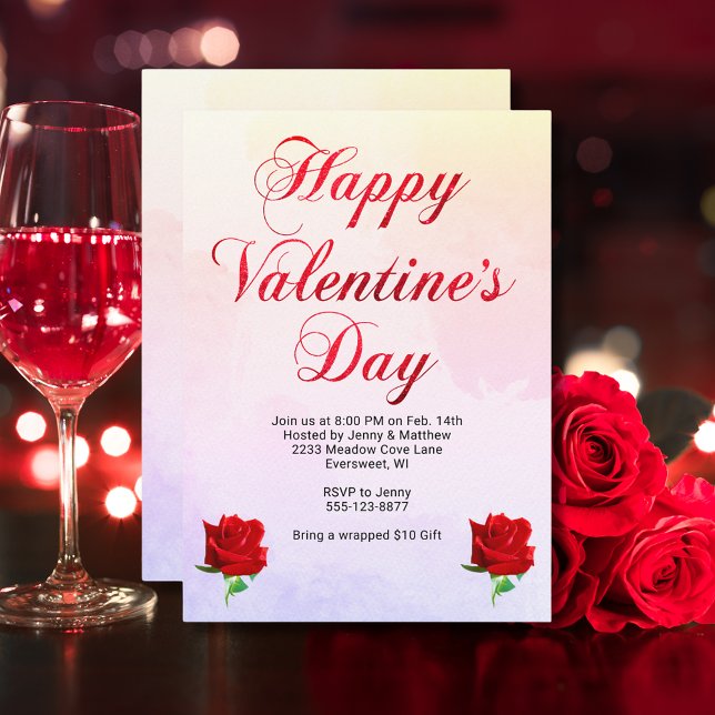 Happy Valentine's Day Soft Pastel Rote Rosen Party Einladung (Pink Valentine's Party Food Music Dancing Club Invitation)