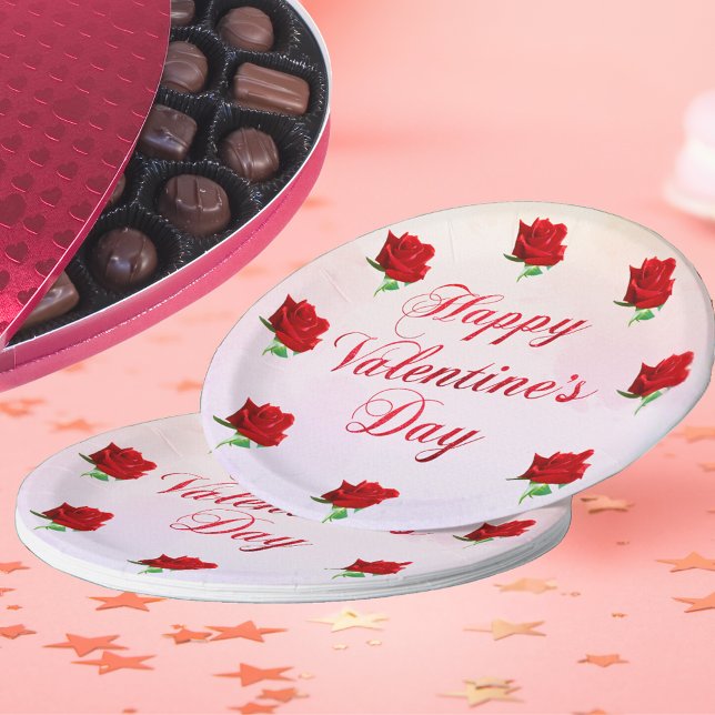 Happy Valentine's Day Soft Pastel Rote Rosen Party Pappteller (Happy Valentine's Day Soft Pastel Red Roses Party Paper Plates)