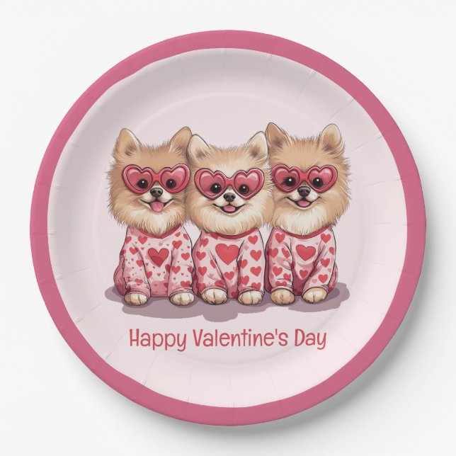 Happy Valentines Day Spitz Hunde Pappteller (Vorderseite)
