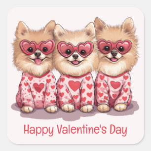 Happy Valentines Day Spitz Hunde Quadratischer Aufkleber