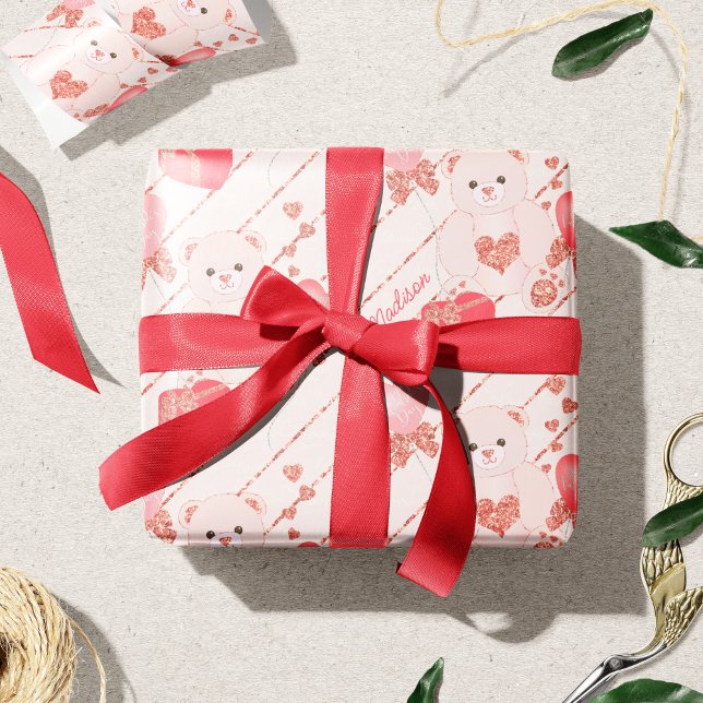 Happy Valentine's Day Teddy Bären Muster auf Pink Geschenkpapier (Von Creator hochgeladen)