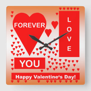 Happy Valentine's Day Text Forever Love Hearts Red Quadratische Wanduhr