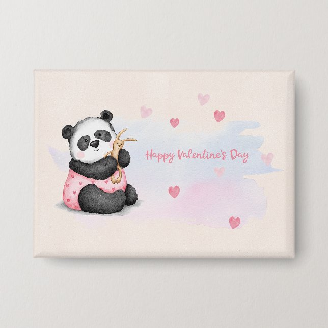 Happy Valentine's Day Wasserfarbe Herz Panda Bunny Button (Vorderseite)