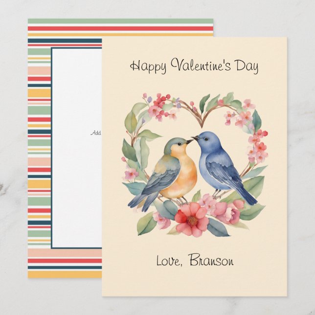 Happy Valentine's Day Watercolor Love Birds Card Mitteilungskarte (Vorne/Hinten)