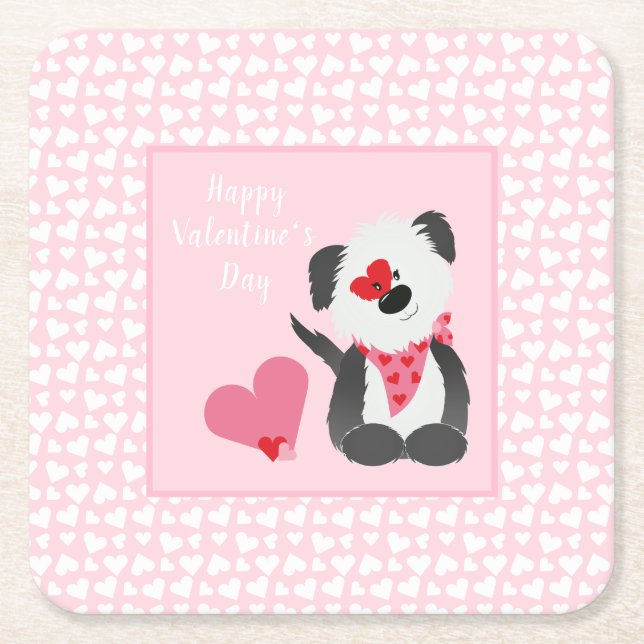 Happy Valentines Day Welppy Hearts Pink Rechteckiger Pappuntersetzer (Vorderseite)