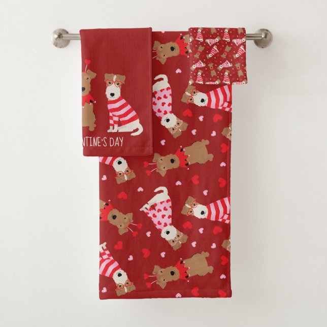 Happy Valentines Day Welsh Wire Fox Terrier Dogs Badhandtuch Set (Insitu)