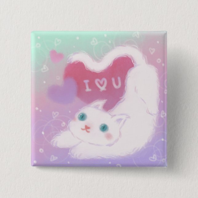 Happy Valentine's Day with Fluffy White Cat Button (Vorderseite)
